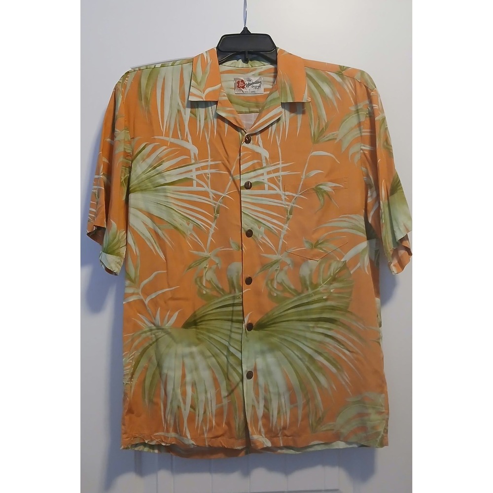 Hilo Hattie Hawaiian Shirt Mens Medium Orange Green Palm Leaf Rayon Made in USA - Picture 1 of 4